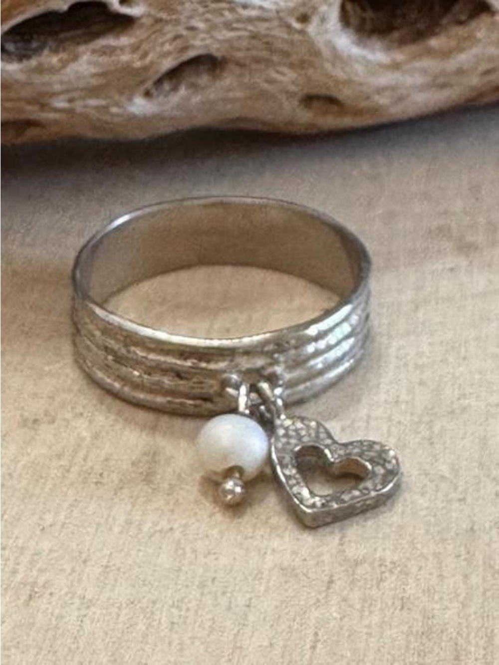 Or Paz Israel 925 Sterling Silver Heart Pearl Charm Ring Size 10